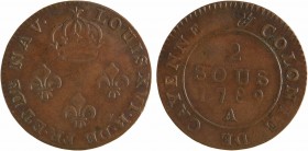 Guyane, Louis XVI, Cayenne, 2 sous de fabrication locale, 1789 [Paris] Guyane
A/LOUIS XVI. R. DE FR. ET DE NAV.
Trois lis posés deux et un sous une ...