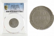 Guyane, Louis XVIII, piéfort de 10 centimes en étain, 1818 Paris, PCGS SP55
A/LOUIS XVIII - ROI DE FRAN.
Deux L affrontées et couronnées, lis au cen...