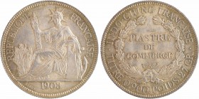 Indochine, 1 piastre, 1903 Paris
A/REPUBLIQUE - FRANÇAISE
La République assise tenant un faisceau ; à l'exergue signature BARRE et (date)
R/INDO - ...