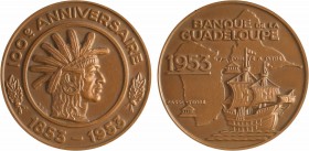 Guadeloupe, centenaire de la Banque de la Guadeloupe, 1953 Paris
A/100e ANNIVERSAIRE// 1853-1953
Buste d'Amérindien (le chef Karukéra) à droite, sig...