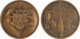 Guyane, centenaire de la Banque de la Guyane, par Baron, 1955 Paris
A/BANQUE/ DE - LA/ GUYANE/ 1855 - 1955
Deux oiseaux sur une branche, affrontés, ...