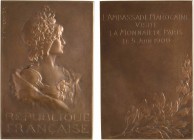 Maroc, visite de l'ambassade marocaine à la Monnaie de Paris, par Vernier, 1909 Paris
Buste de Marianne à droite, portant une couronne de chêne ; dan...