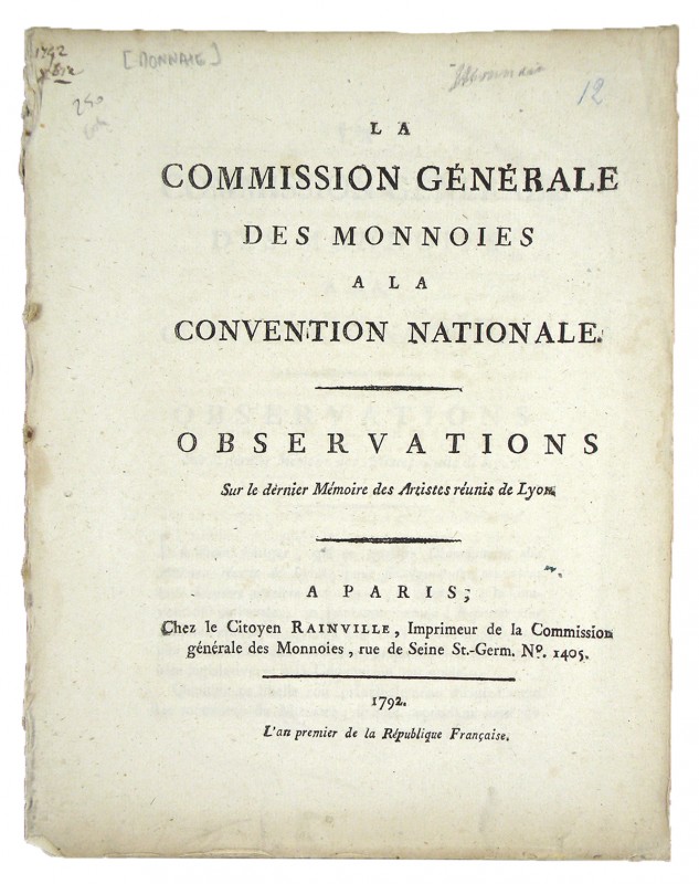 Commission des Monnoies. LA COMMISSION GÉNÉRALE DES MONNOIES À LA CONVENTION NAT...