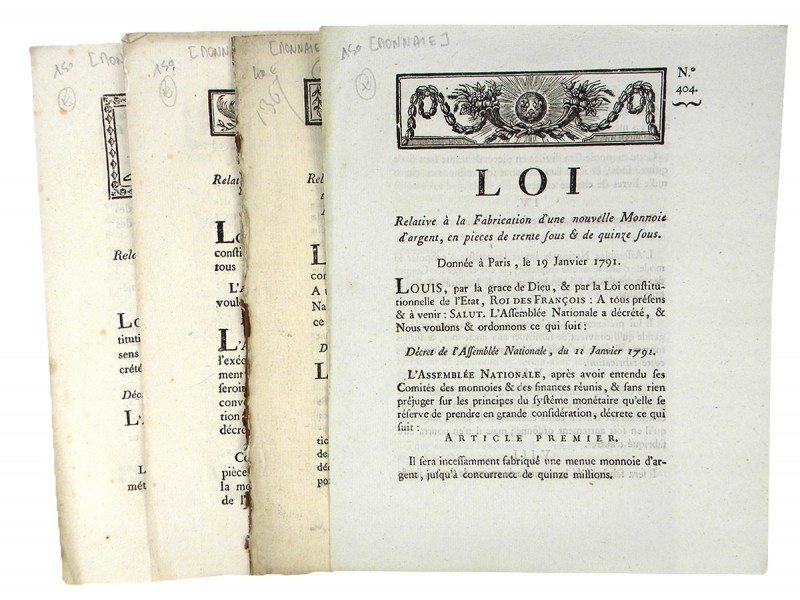 France. LAWS REGARDING THE MANUFACTURE AND REGULATION OF COINAGE. Four printed l...