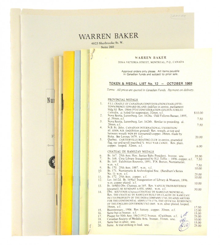 Baker, Warren. FIXED PRICE LISTS OF CANADIAN NUMISMATIC & HISTORICAL MATERIAL. M...