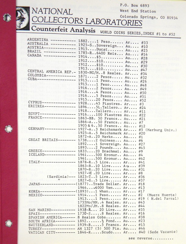 National Collectors Laboratories. COUNTERFEIT ANALYSIS BULLETINS. Includes World...