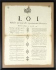 [France]. LOI RELATIVE AUX NOUVELLES EMPREINTES DES MONNOIES. Donnée à Paris, le 15 Avril 1791. A Rennes de l’Imprimerie, de J. Robiquet, Imprimeur du...