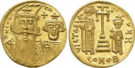 CONSTANS II with CONSTANTINE IV, HERACLIUS and TIBERIUS (641-668). GOLD Solidus. Constantinople