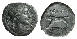 Sicily, Akragas. Phintias (Tyrant, 287-279 BC). Æ (20mm, 6.41g, 2h), c. 282-279. Wreathed head of Artemis r., quiver over shoulder. R/ Boar standing l...
