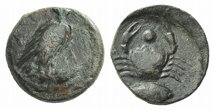 Sicily, Akragas, c. 425-406 BC. Æ Onkia (16mm, 3.96g, 4h). Eagle standing r. wit...