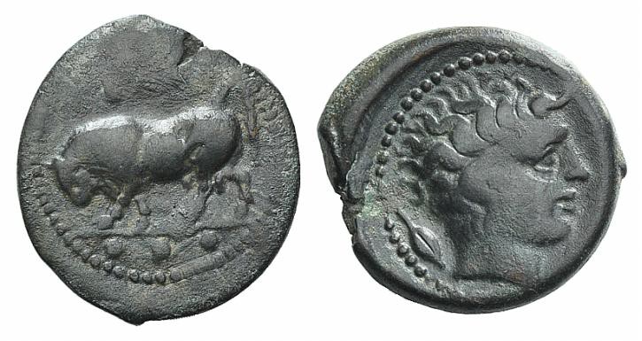 Sicily, Gela, c. 420-405 BC. Æ Tetras (17mm, 3.20g, 2h). Bull standing l., head ...