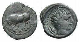 Sicily, Gela, c. 420-405 BC. Æ Tetras (17mm, 3.20g, 2h). Bull standing l., head lowered, in profile, as if to charge; three pellets in exergue. R/ Hea...