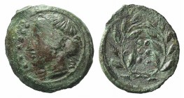 Sicily, Himera, c. 420-407 BC. Æ Hemilitron (17mm, 3.47g, 1h). Head of nymph l.; six pellets before. R/ Six pellets within wreath. CNS I, 35; SNG ANS ...