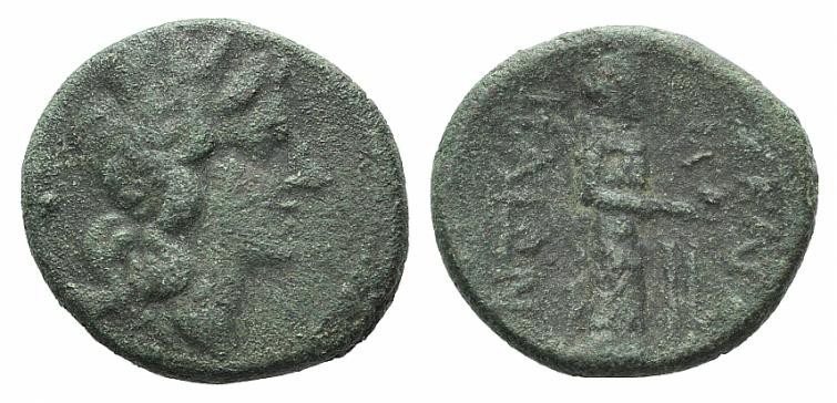 Sicily, Katane, c. 210 BC. Æ Hexas (15mm, 3.25g, 6h). Head of Apollo r. R/ Isis ...
