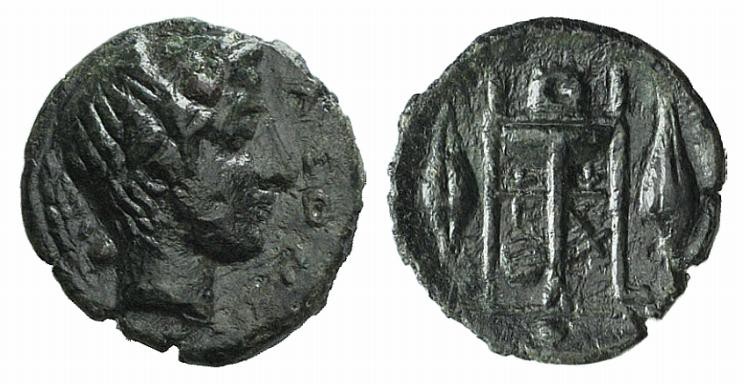 Sicily, Leontini, c. 405-402 BC. Æ Uncia – Onkia (10mm, 0.62g, 1h). Head of Apol...