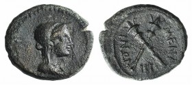 Sicily, Menaion. Roman rule, mid 3rd-2nd century BC. Æ (16mm, 3.88g, 12h). Veiled head of Demeter r. R/ Crossed torches; IIII below. CNS III, 7; SNG C...