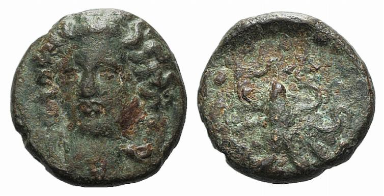 Sicily, Syracuse, c. 415-405 BC. Æ Tetras (11.5mm, 1.83g, 7h). Head of nymph fac...