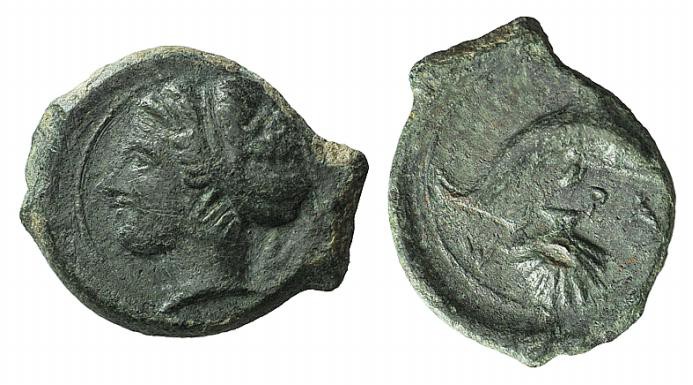 Sicily, Syracuse, c. 405-400 BC. Æ Hemilitron (18mm, 3.40g, 10h). Head of Arethu...