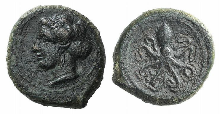 Sicily, Syracuse, c. 400 BC. Æ Tetras (12mm, 2.71g, 9h). Head of Arethusa l., ha...