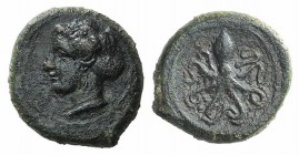Sicily, Syracuse, c. 400 BC. Æ Tetras (12mm, 2.71g, 9h). Head of Arethusa l., hair in sphendone. R/ Octopus. CNS II, 14; SNG ANS 389-91. Green patina,...