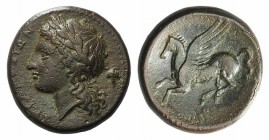 Sicily, Syracuse, c. 344-317 BC. Æ (17mm, 5.26g, 11h). Laureate head of Apollo l.; bunch of grapes behind. R/ Pegasos flying l.; monogram below. CNS I...
