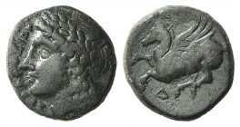 Sicily, Syracuse, c. 344-317 BC. Æ (15mm, 4.78g, 8h). Laureate head of Apollo l. R/ Pegasos flying l. CNS II, 85. VF