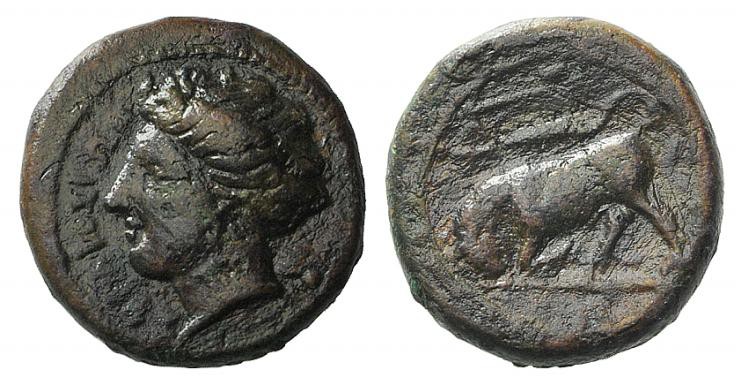 Sicily, Syracuse, c. 317-310 BC. Æ Trias(?) (15mm, 4.00g, 12h). Head of Kore l. ...