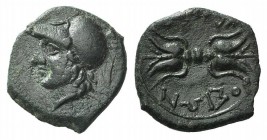 Sicily, Syracuse, c. 304-289 BC. Æ Trias (12mm, 1.54g, 2h), c. 304-289. Head of Athena l., wearing Corinthian helmet. R/ Winged thunderbolt. CNS II, 1...
