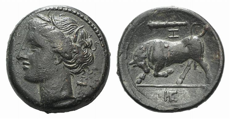 Sicily, Syracuse, c. 275-269 BC. Æ Hemilitron (18mm, 5.68g, 9h). Wreathed head o...