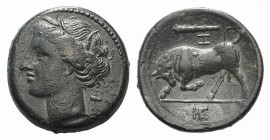 Sicily, Syracuse, c. 275-269 BC. Æ Hemilitron (18mm, 5.68g, 9h). Wreathed head of Kore l. R/ Bull butting l.; club and Z above, IE in exergue. CNS II,...