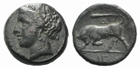 Sicily, Syracuse, c. 275-279 BC. Æ Hemilitron (17mm, 5.47g, 12h). Wreathed head of Kore l. R/ Bull butting l.; club and Z above, IE in exergue. CNS II...