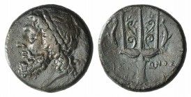 Sicily, Syracuse, c. 275-215 BC. Æ Litra (20mm, 8,58g, 3h). Diademed head of Poseidon l. R/ Ornamented trident head flanked by two dolphins; CNS II, 1...