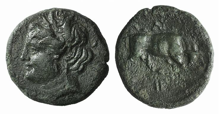 Sicily, Syracuse, c. 275-215 BC. Æ (15mm, 2.92g, 9h). Head of Kore l. R/ Bull bu...