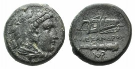 Kings of Macedon. Alexander III ‘the Great’ (336-323 BC). Æ (17mm, 6.13g, 3h). Uncertain Macedonian mint. Head of Herakles r., wearing lion skin. R/ B...