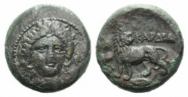 Thrace, Kardia, c. 350-309 BC. Æ (19mm, 6.53g, 5h). Wreathed head of Persephone facing slightly r. R/ Lion standing l., head r., on barley grain; star...