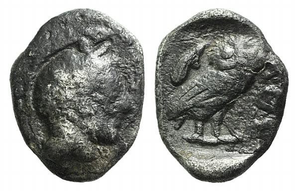 Attica, Athens, c. 454-404 BC. AR Obol (10mm, 0.65g, 12h). Helmeted head of Athe...