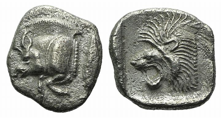 Mysia, Kyzikos, c. 450-400 BC. AR Obol (10mm, 0.78g, 9h). Forepart of boar l.; t...