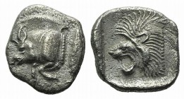 Mysia, Kyzikos, c. 450-400 BC. AR Obol (10mm, 0.78g, 9h). Forepart of boar l.; to r., tunny upward. R/ Head of lion l. within incuse square. Von Fritz...