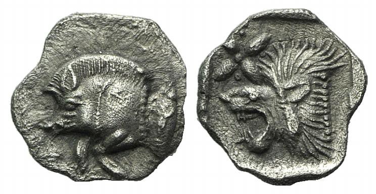 Mysia, Kyzikos, c. 450-400 BC. AR Hemiobol (8mm, 0.37g, 11h). Forepart of boar l...