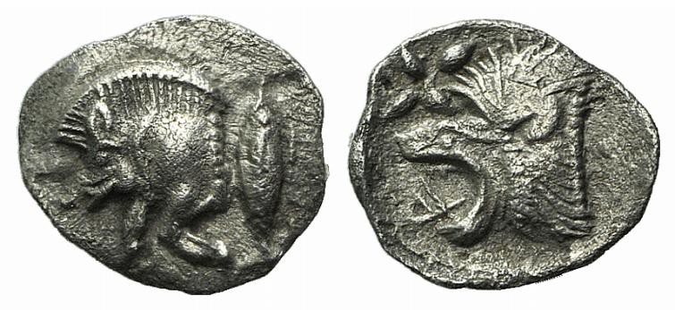 Mysia, Kyzikos, c. 450-400 BC. AR Hemiobol (8mm, 0.36g, 11h). Forepart of boar l...