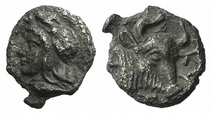 Mysia, Kyzikos, c. 410-390 BC. AR Hemiobol (6mm, 0.29g, 9h). Head of Attis l., w...