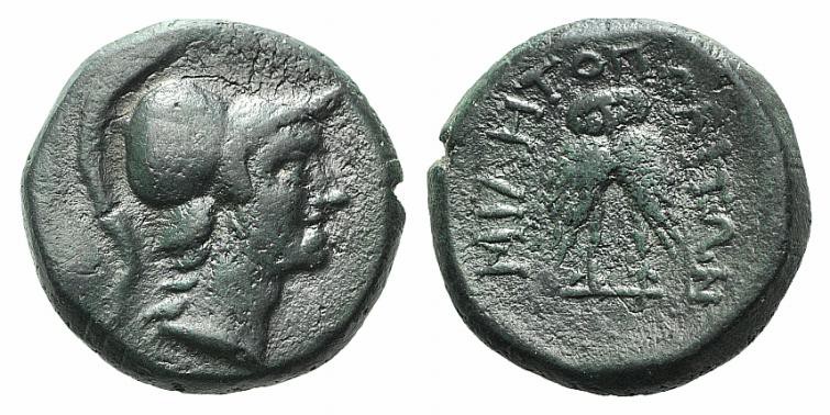 Mysia, Miletopolis, 2nd-1st century BC. Æ (17mm, 5.14g, 12h). Helmeted head of A...
