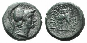 Mysia, Miletopolis, 2nd-1st century BC. Æ (17mm, 5.14g, 12h). Helmeted head of Athena r. R/ Double bodied owl standing facing. SNG BnF 1302. Green pat...