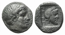Mysia, Pergamon, c. 450 BC. AR Diobol (10mm, 1.60g, 1h). Laureate head of Apollo r. R/ Bearded head r., wearing Persian tiara, within incuse square. V...