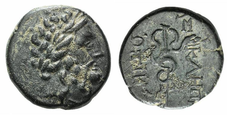 Mysia, Pergamon, c. 133-27 BC. Æ (17mm, 4.42g, 12h). Laureate head of Asklepios ...