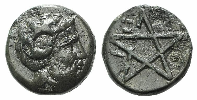 Mysia, Pitane, 4th-3rd centuries BC. Æ (9mm, 1.14g). Head of Zeus-Ammon r. R/ Pe...