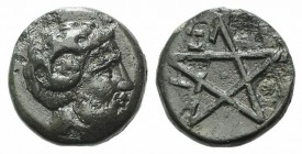 Mysia, Pitane, 4th-3rd centuries BC. Æ (9mm, 1.14g). Head of Zeus-Ammon r. R/ Pentagram; ΠΙ in field. SNG BnF 2349-55; BMC 2-3. Green patina, near VF...