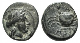 Mysia, Priapos, 1st century BC. Æ (10mm, 1.34g, 6h). Laureate head of Apollo r. R/ Crab; harpa below. SNG BnF –; SNG Copenhagen –; SNG von Aulock 7526...