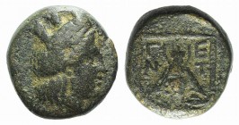 Troas, Gentinos, 3rd-1st centuries BC. Æ (9mm, 1.58g, 6h). Turreted female head (Artemis?) r. R/ Bee within linear square. SNG Ashmolean 1141; SNG Cop...