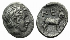 Troas, Neandria, 4th century BC. AR Obol (8mm, 0.54g, 6h). Laureate head of Apollo r. R/ Ram standing r. in shallow incuse square. SNG München 293; SN...